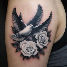 A tasteful tattoo featuring pristine white roses intertwined with black doves in flight, creating a striking contrast of life and peace