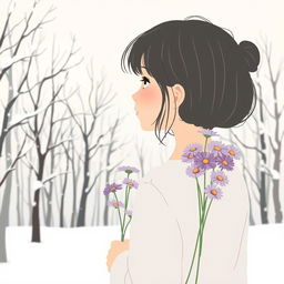 A winter landscape illustrated in a delicate and symbolic style, featuring a snow-covered forest in soft, muted tones where every branch seems to tell its own story