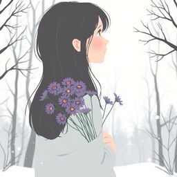 A winter landscape illustrated in a delicate and symbolic style, featuring a snow-covered forest in soft, muted tones where every branch seems to tell its own story