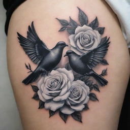 A tasteful tattoo featuring pristine white roses intertwined with black doves in flight, creating a striking contrast of life and peace