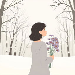 A winter landscape illustrated in a delicate and symbolic style, featuring a snow-covered forest in soft, muted tones where every branch seems to tell its own story