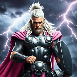 A striking and dynamic image of Thor, the Norse god of thunder, depicted in a unique light pink costume that contrasts with his traditional armor