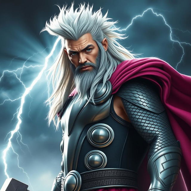 A striking and dynamic image of Thor, the Norse god of thunder, depicted in a unique light pink costume that contrasts with his traditional armor