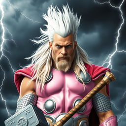A striking and dynamic image of Thor, the Norse god of thunder, depicted in a unique light pink costume that contrasts with his traditional armor