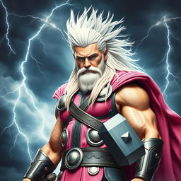 A striking and dynamic image of Thor, the Norse god of thunder, depicted in a unique light pink costume that contrasts with his traditional armor