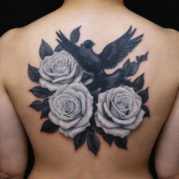 A tasteful tattoo featuring pristine white roses intertwined with black doves in flight, creating a striking contrast of life and peace