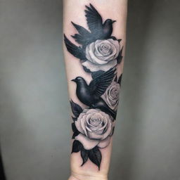 A forearm tattoo with elegant white roses gracefully interlaced with black doves, symbolizing a balance of beauty, peace, and duality