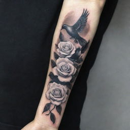 A forearm tattoo with elegant white roses gracefully interlaced with black doves, symbolizing a balance of beauty, peace, and duality