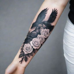 A forearm tattoo with elegant white roses gracefully interlaced with black doves, symbolizing a balance of beauty, peace, and duality