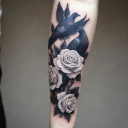 A forearm tattoo with elegant white roses gracefully interlaced with black doves, symbolizing a balance of beauty, peace, and duality