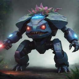 Concept art of a dark super mecha Venusaur equipped with laser cannons. The influences of Venusaur remain, but are heavily overlaid with the ominous aesthetics of a powerful warfare machine, set against a dystopian sci-fi backdrop.