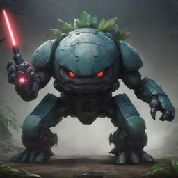 Concept art of a dark super mecha Venusaur equipped with laser cannons. The influences of Venusaur remain, but are heavily overlaid with the ominous aesthetics of a powerful warfare machine, set against a dystopian sci-fi backdrop.