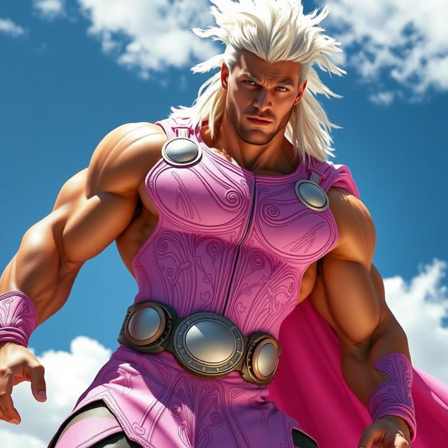 A muscular superhero resembling Thor with a light pink costume accentuating his physique, featuring intricate designs and patterns