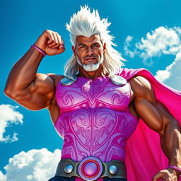 A muscular superhero resembling Thor with a light pink costume accentuating his physique, featuring intricate designs and patterns