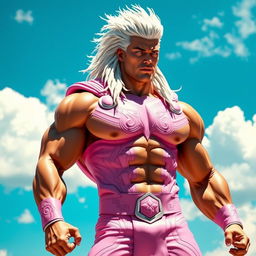 A muscular superhero resembling Thor with a light pink costume accentuating his physique, featuring intricate designs and patterns