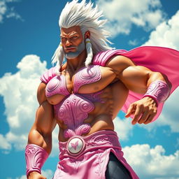 A muscular superhero resembling Thor with a light pink costume accentuating his physique, featuring intricate designs and patterns