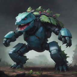 Concept art of a dark super mecha Venusaur equipped with laser cannons. The influences of Venusaur remain, but are heavily overlaid with the ominous aesthetics of a powerful warfare machine, set against a dystopian sci-fi backdrop.