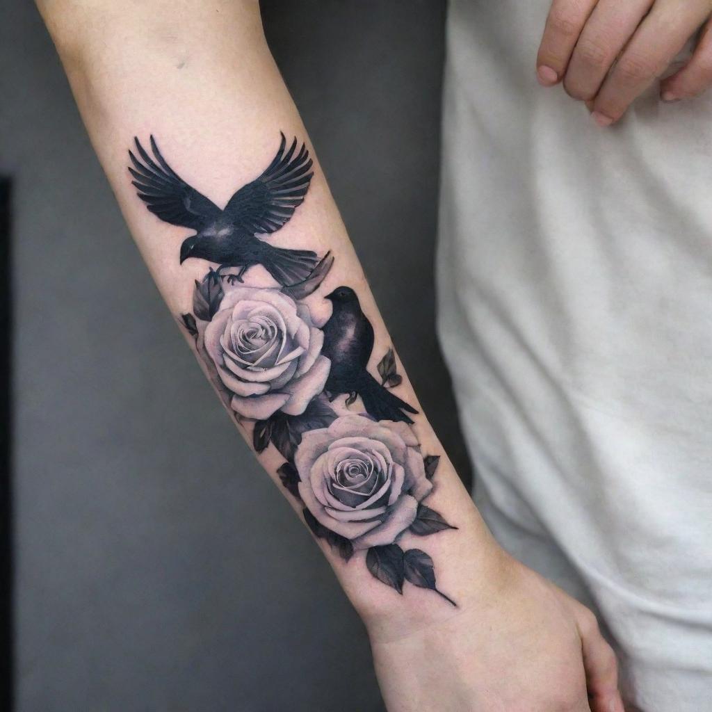 A captivating forearm tattoo design featuring the contrast of vibrant white roses entwined with silhouettes of black doves in flight