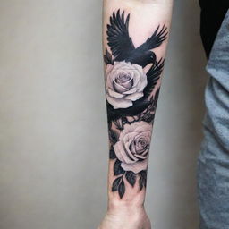 A captivating forearm tattoo design featuring the contrast of vibrant white roses entwined with silhouettes of black doves in flight