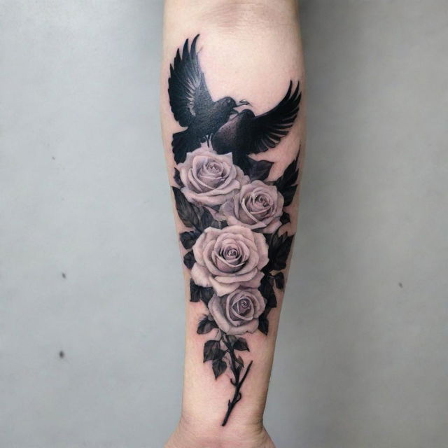 A captivating forearm tattoo design featuring the contrast of vibrant white roses entwined with silhouettes of black doves in flight