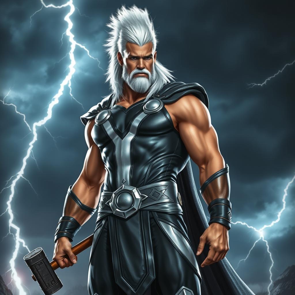 A fantasy superhero character resembling a Norse god, wearing a sleek, light black and silver costume that shines under bright lights