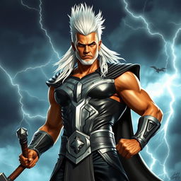 A fantasy superhero character resembling a Norse god, wearing a sleek, light black and silver costume that shines under bright lights