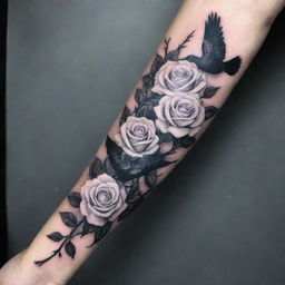 A captivating forearm tattoo design featuring the contrast of vibrant white roses entwined with silhouettes of black doves in flight