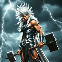 A fantasy superhero character resembling a Norse god, wearing a sleek, light black and silver costume that shines under bright lights