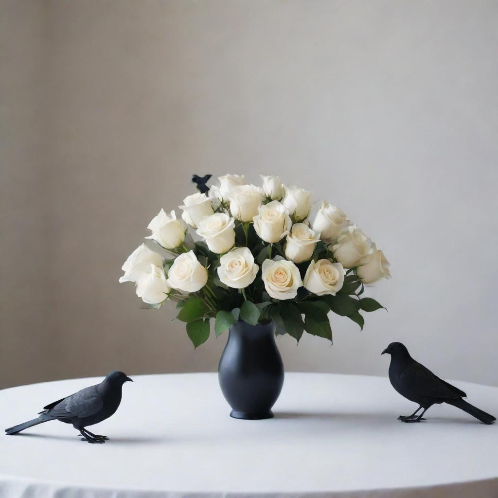 A dramatic contrast of pure white roses and mysterious black doves in a serene and minimalist setting.