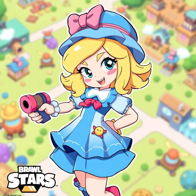 A vibrant and colorful illustration of Piper from Brawl Stars, showcasing her signature outfit which includes a blue and white dress with a ruffled skirt and a cute matching hat adorned with a pink bow