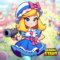 A vibrant and colorful illustration of Piper from Brawl Stars, showcasing her signature outfit which includes a blue and white dress with a ruffled skirt and a cute matching hat adorned with a pink bow