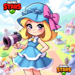 A vibrant and colorful illustration of Piper from Brawl Stars, showcasing her signature outfit which includes a blue and white dress with a ruffled skirt and a cute matching hat adorned with a pink bow