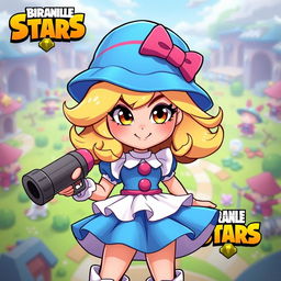 A vibrant and colorful illustration of Piper from Brawl Stars, showcasing her signature outfit which includes a blue and white dress with a ruffled skirt and a cute matching hat adorned with a pink bow