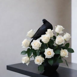 A dramatic contrast of pure white roses and mysterious black doves in a serene and minimalist setting.