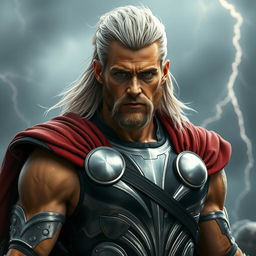 A hyper-realistic depiction of Thor, the Norse god of thunder, in a striking costume featuring light black and silver tones