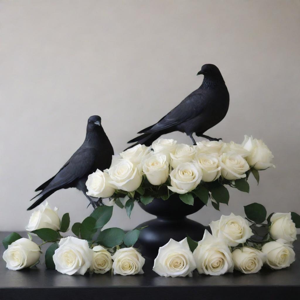 A dramatic contrast of pure white roses and mysterious black doves in a serene and minimalist setting.