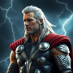 A hyper-realistic depiction of Thor, the Norse god of thunder, in a striking costume featuring light black and silver tones