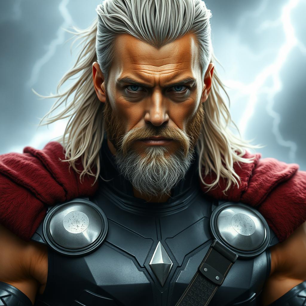 A hyper-realistic depiction of Thor, the Norse god of thunder, in a striking costume featuring light black and silver tones