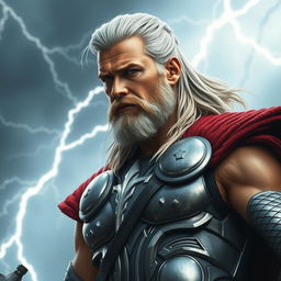 A hyper-realistic depiction of Thor, the Norse god of thunder, in a striking costume featuring light black and silver tones