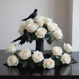 A dramatic contrast of pure white roses and mysterious black doves in a serene and minimalist setting.