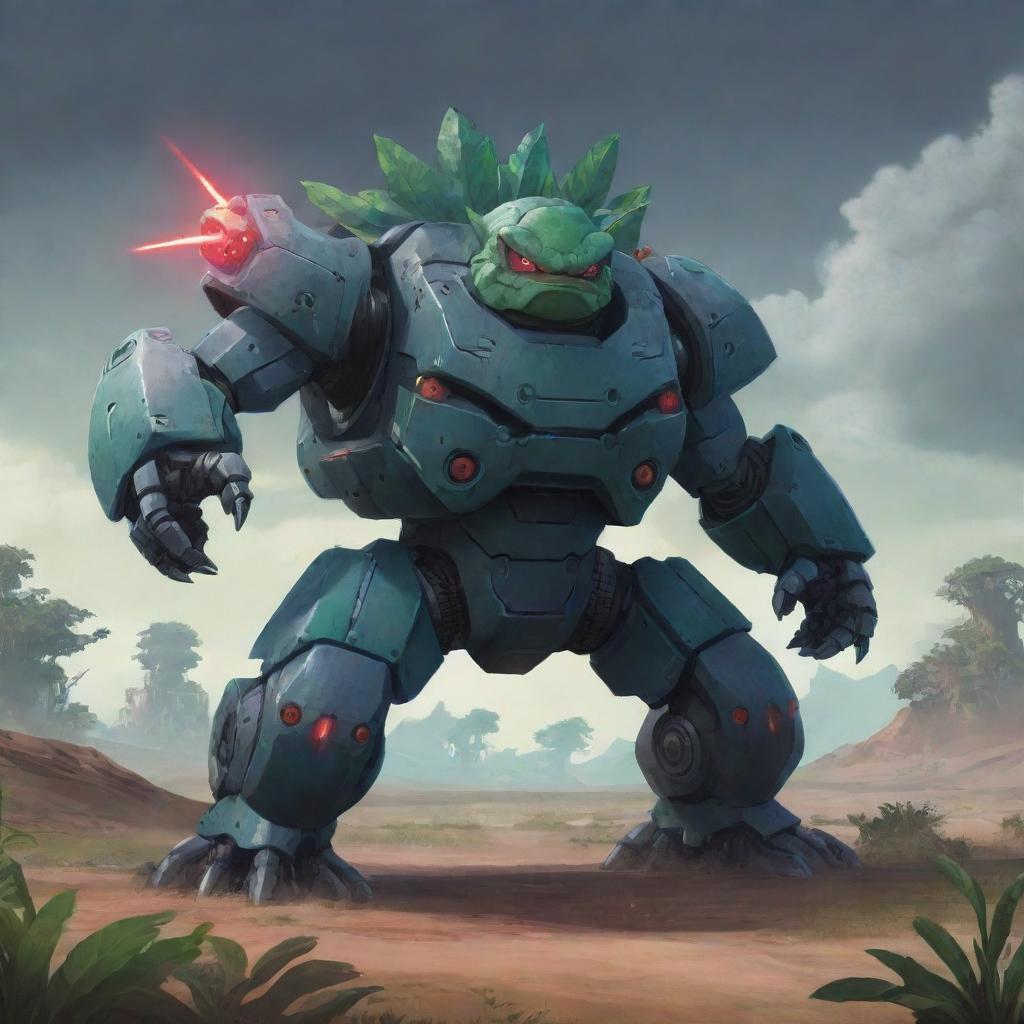 2D concept style art featuring a dark super mecha Venusaur. It is armed with laser cannons, its mechanical features blending seamlessly with organic elements, standing tall against a dystopian landscape filled with sci-fi elements.