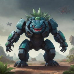 2D concept style art featuring a dark super mecha Venusaur. It is armed with laser cannons, its mechanical features blending seamlessly with organic elements, standing tall against a dystopian landscape filled with sci-fi elements.