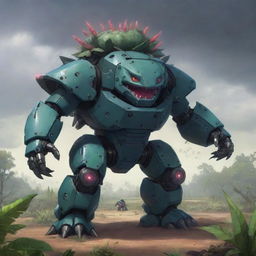 2D concept style art featuring a dark super mecha Venusaur. It is armed with laser cannons, its mechanical features blending seamlessly with organic elements, standing tall against a dystopian landscape filled with sci-fi elements.