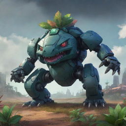 2D concept style art featuring a dark super mecha Venusaur. It is armed with laser cannons, its mechanical features blending seamlessly with organic elements, standing tall against a dystopian landscape filled with sci-fi elements.