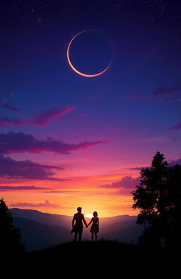 A breathtaking landscape of Rine Hill at twilight, with a rich sky in deep blue and vibrant purples signaling sunset, adorned with hints of golden orange near the horizon