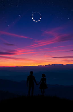 A breathtaking landscape of Rine Hill at twilight, with a rich sky in deep blue and vibrant purples signaling sunset, adorned with hints of golden orange near the horizon