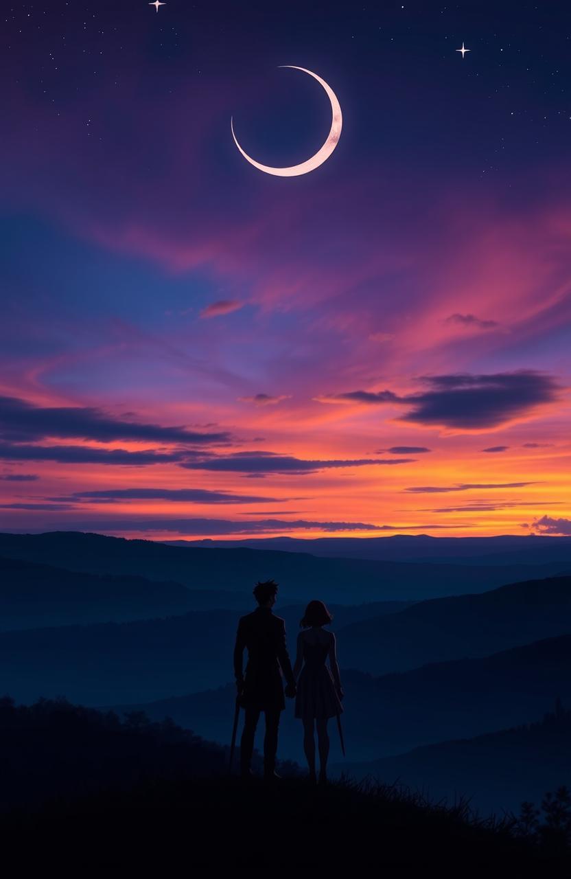 A breathtaking landscape of Rine Hill at twilight, with a rich sky in deep blue and vibrant purples signaling sunset, adorned with hints of golden orange near the horizon