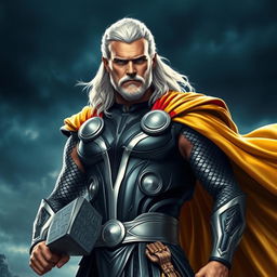 An imposing figure of Thor, depicted in a striking light black and silver costume, showcasing intricate designs and textures