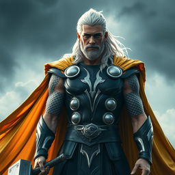 An imposing figure of Thor, depicted in a striking light black and silver costume, showcasing intricate designs and textures