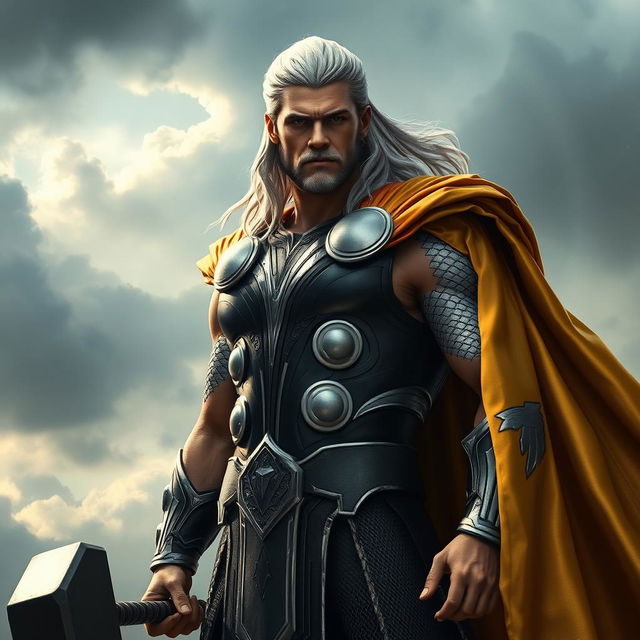 An imposing figure of Thor, depicted in a striking light black and silver costume, showcasing intricate designs and textures